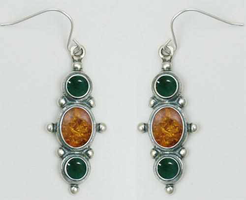 Sterling Silver Drop Dangle Earrings With Amber And Fluorite